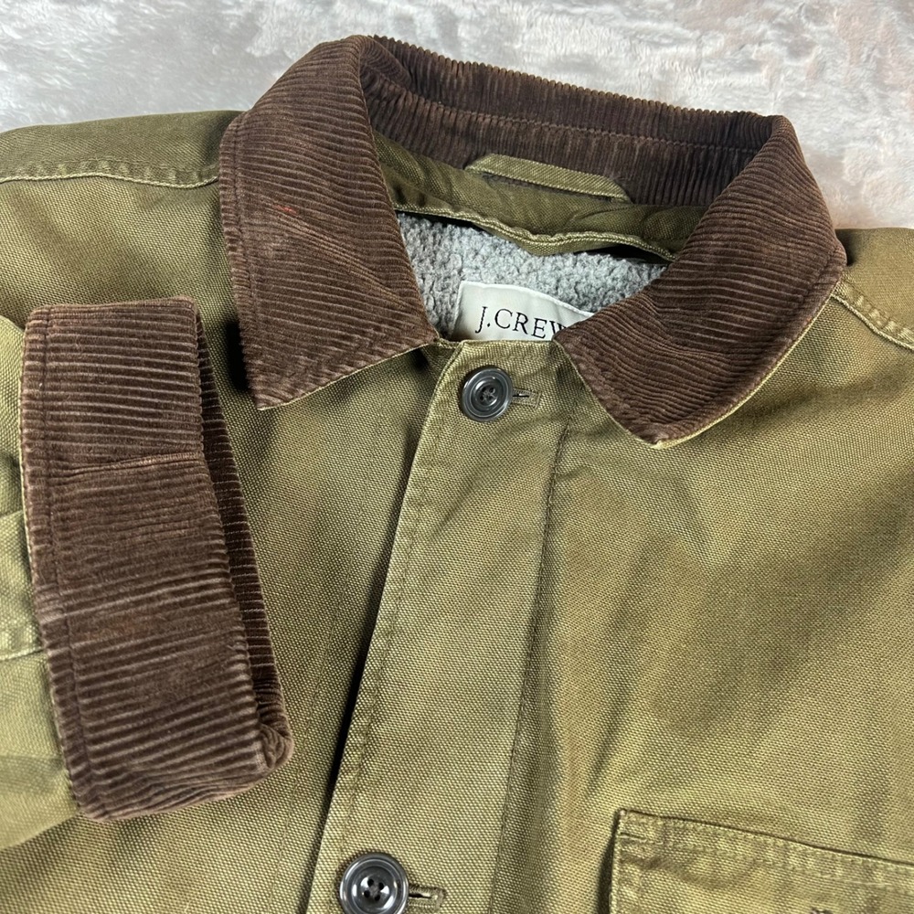 J.Crew Mens XL Barn Jacket Olive Green Sherpa Lined Corduroy Trim Field Coat